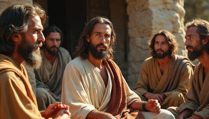 Jesus shares teachings with disciples in biblical era setting. Realistic style shows men in simple robes listening intently. Ancient stone architecture forms background. Focus on spiritual narrative,