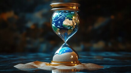 Hourglass with Earth inside slowly turning to sand symbolizing the passage of time and environmental decline