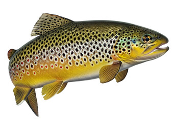 Detailed illustration of a brown trout, showcasing intricate patterns and colors against a dark background.