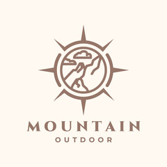mountain compass line art logo vector minimalist illustration design, mountain outdoor symbol design