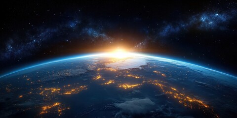 Obraz premium View of Earth from space with city lights glowing at night and the sun rising on the horizon under a starry sky