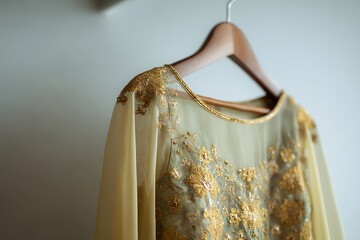 Elegant gold embroidered tunic hanging on wooden hanger, showcasing traditional Indian design and craftsmanship for fashion and cultural celebrations