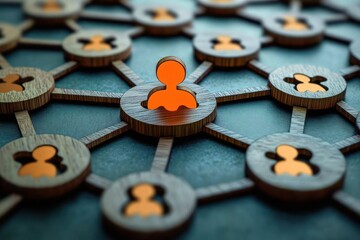 Wooden interconnected network of human figure cutouts with one central figure highlighted in bright orange symbolizing connection and leadership