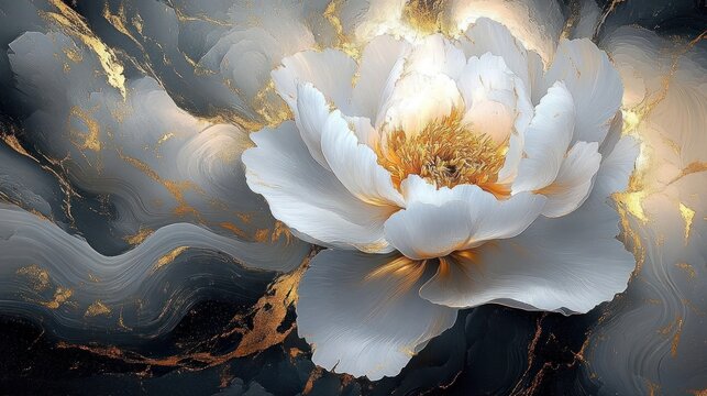 Close-up of a large white flower with golden center details surrounded by swirling dark and golden abstract background creating a luxurious and elegant atmosphere