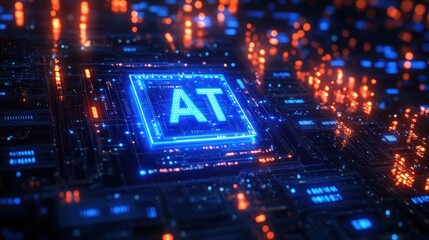 Obraz premium Glowing blue and orange digital circuit board with a central chip labeled AT illuminated in high-tech electronic environment