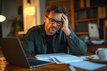 Stressed man wearing glasses sitting at a desk cluttered with papers and a laptop, holding his head in frustration in a dimly lit room