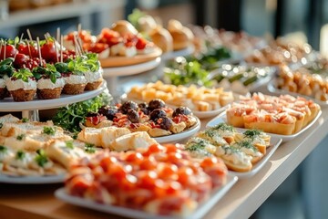 Assortment of colorful finger foods and appetizers including small tarts, mini sandwiches, and skewered bites arranged on white plates in a bright setting