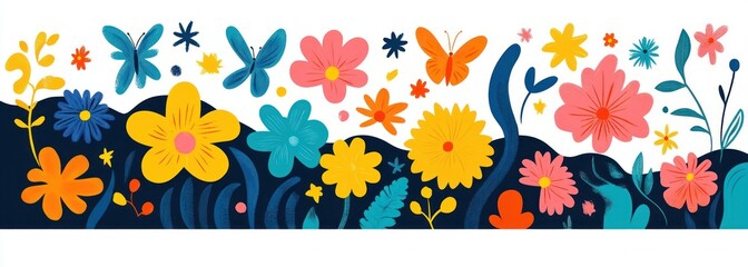 Colorful abstract floral and butterfly pattern with large flowers and leaves creating a lively, cheerful, and vibrant scene