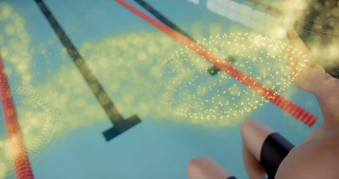 Swimmer exhaling yellow plume across sports pool lanes, swirling into torus ring then fading