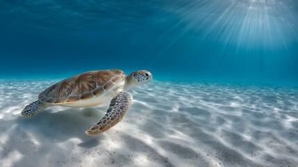 Obraz premium A sea turtle glides gracefully over a bed of white sand beneath a vibrant blue ocean, sunlight beams down, creating a serene underwater scene.