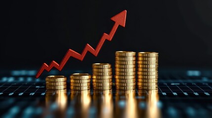Stacks of gold coins increasing in height from left to right with a red zigzag arrow pointing upward on a dark background symbolizing financial growth and success
