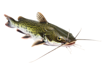 A speckled, freshwater fish with long barbels, highlighted against a pure black background, presents a captivating image of aquatic life.