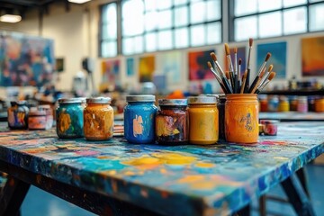 Colorful paint jars and paintbrushes arranged on a paint-splattered table in a bright, spacious art studio with large windows and blurred colorful artworks in the background
