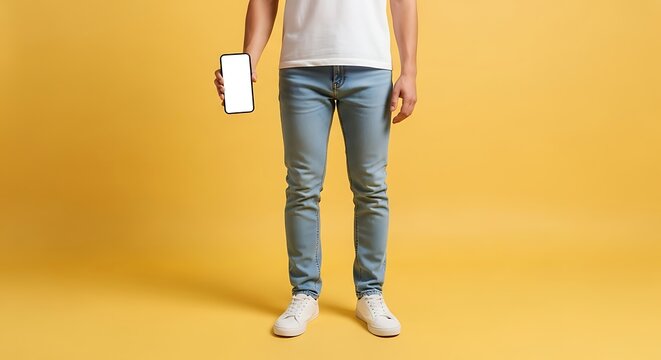 Person Holding Smartphone with Blank Screen, Yellow Background, Casual Outfit, Studio Shot.