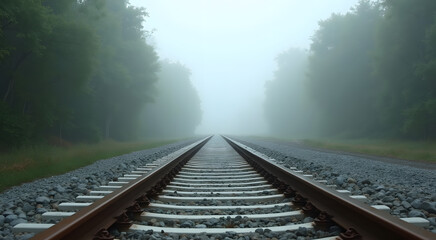 Misty Morning Railroad Tracks Receding into Foggy Green Forest