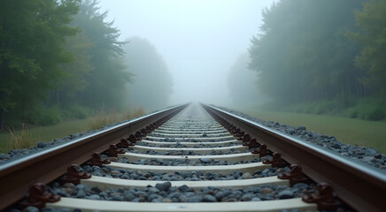 Fototapeta premium Misty Forest Railroad Tracks: Serene, Ethereal, and Tranquil Landscape Photography.