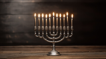 Fototapeta premium Elegant silver menorah with eight glowing candles on rustic wooden table