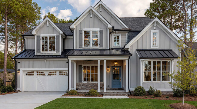 Farmhouse facade shines! Board and batten textures, blue door pops. Great for real estate listings, architecture blogs, home design projects.
