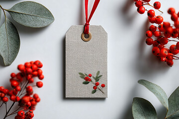 Beige canvas tag with red ribbon and berries. The soft, diffused lighting makes this mockup perfect for holiday branding, stationery design, or a greeting card.