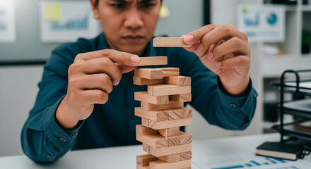Concentrated Man Carefully Building a Wooden Tower