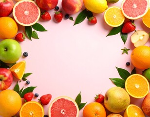 Naklejka premium Vibrant and Refreshing Assortment of Healthy Fresh Fruits and Berries Artfully Arranged on a Soft Pink Background, Perfect for Nutrition and Wellness Concepts.