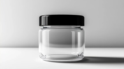 Clear empty glass jar with black lid casting shadow on smooth white surface against a plain light gray background
