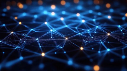 Abstract digital network of interconnected glowing blue and orange nodes with lines on a dark background, symbolizing data connectivity and communication