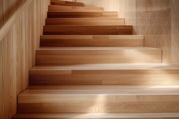Wooden staircase with warm natural light creating soft shadows on polished steps and adjacent wooden and stone walls