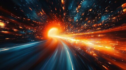 Abstract image of a vibrant tunnel with bright orange and blue light streaks creating a sense of motion and speed
