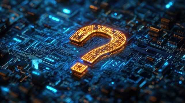 Glowing orange question mark illuminated on a dark, detailed futuristic circuit board with blue accents, symbolizing technology and curiosity