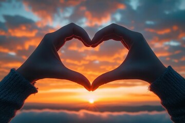 Silhouetted hands forming a heart shape around a bright orange sunset with dramatic clouds in the sky, evoking warmth and love