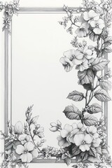 Intricate black and white floral frame with blooming flowers, buds, and leaves surrounding a blank rectangular center space, evoking elegance and natural beauty