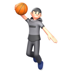 3D Render 3D character performing a basketball jump shot, suitable for sports marketing, apps, and dynamic web visuals.