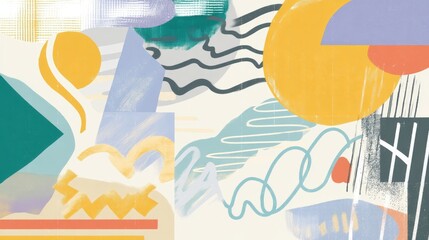 Abstract colorful composition featuring geometric shapes and lines on a textured background