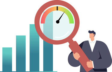 A businessman inspects a growth chart, using a magnifying glass to reveal a performance meter indicating high efficiency and success