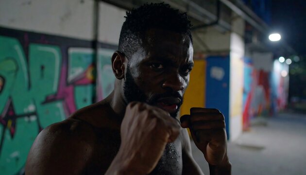 A focused boxer at night