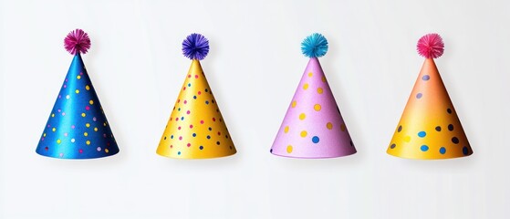 Four colorful party hats with pom-poms on top arranged in a row against a white background, featuring polka dot patterns and vibrant festive colors