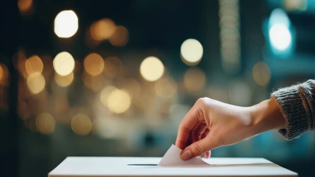 A hand of a woman placing a white paper into a ballot box