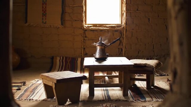A rustic interior scene with a small table, coffee pot, and simple wooden stool, highlighting traditional design elements.