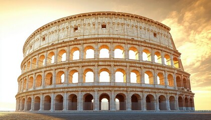 Fototapeta premium Ancient large stone amphitheater with multiple arches illuminated by warm sunset light under partly cloudy sky