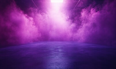 Empty dark room illuminated by a bright purple light with fog spreading in the air creating an eerie and surreal atmosphere