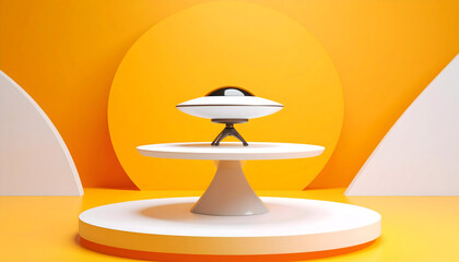 Modern Abstract Object on White Pedestal with Yellow Background Studio Lighting