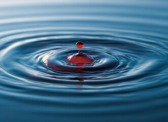 Red water drop falling into calm blue liquid causing concentric ripples in nature
