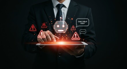 Artificial Intelligence Assistance and Cybersecurity Risk Concept Featuring Business Professional Holding Glowing Red Tablet with Floating Robot Icon and Warning Symbols in Dark Background