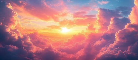Vibrant colorful sunset or sunrise sky with dramatic clouds illuminated in warm hues of orange, pink, and purple creating a majestic and serene atmosphere