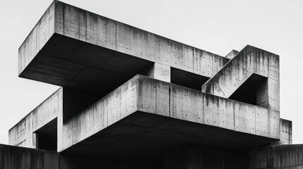Fototapeta premium Modern brutalist concrete structure with bold geometric shapes and sharp angles captured in black and white conveying strength and architectural minimalism