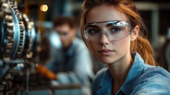 Young woman wearing safety glasses working with machinery in an industrial setting with focused expression and blurred background coworker - Powered by Adobe