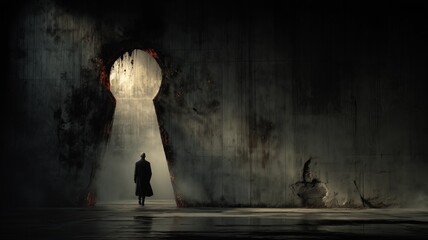 A person stands before a giant keyhole with light shining through, suggesting mystery and discovery. The surreal scene evokes curiosity and the allure of the unknown.