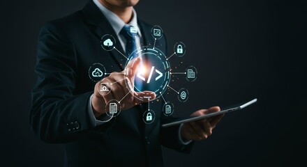 Cybersecurity Businessman Using Futuristic Digital Interface with Programming Code Symbol, Data Protection Icons, and Innovative Technology Solutions for Corporate IT Strategy