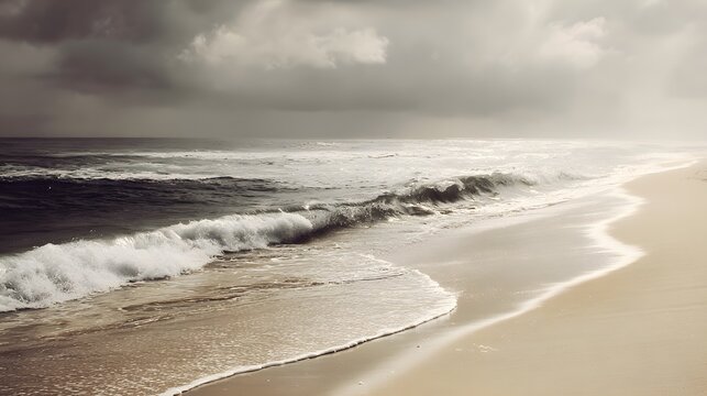 A serene beach scene showcases crashing waves against a light beige shore under a dramatic, overcast sky.